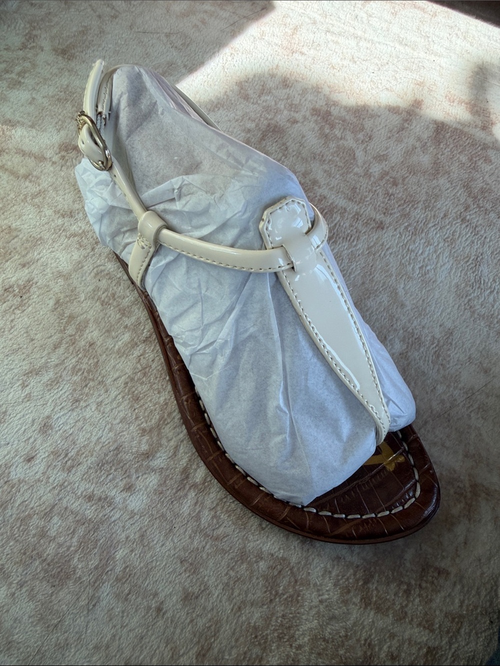 Sam Edelman Cream Patent T-Strap Sandal with Brown Footbed